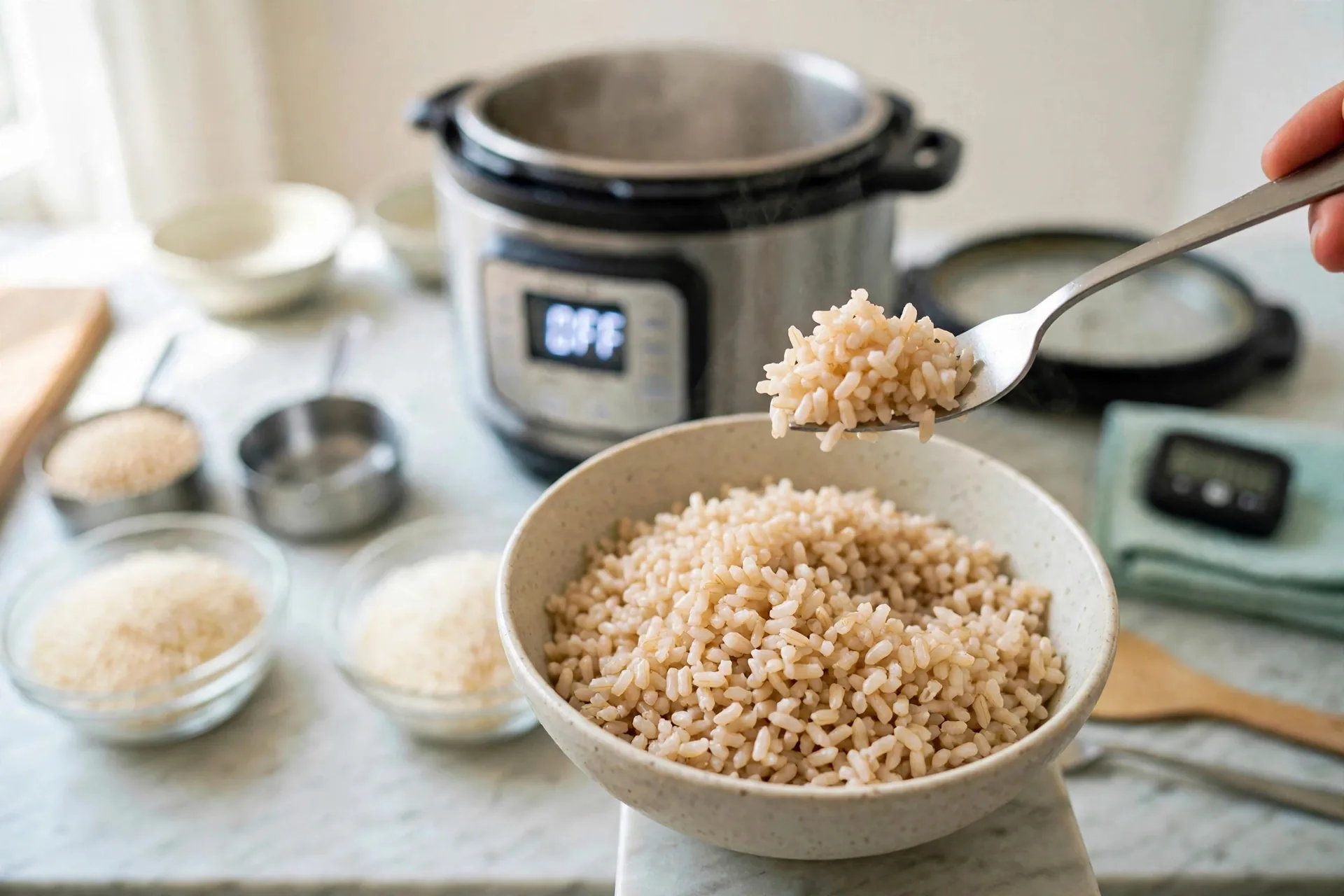 Bowl of fluffy brown rice with visible tan grains