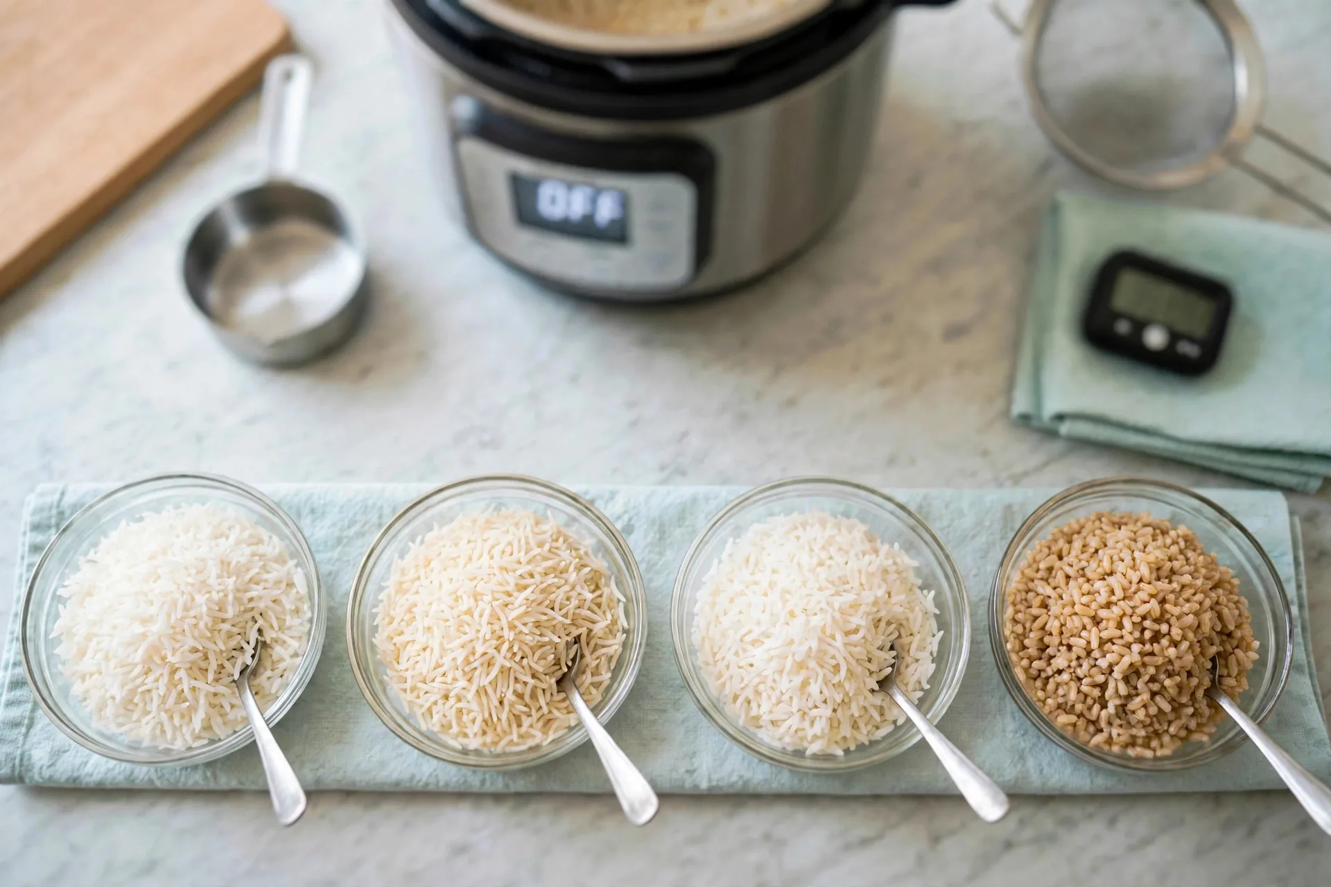 Four small bowls of finished rices side by side for grain comparison