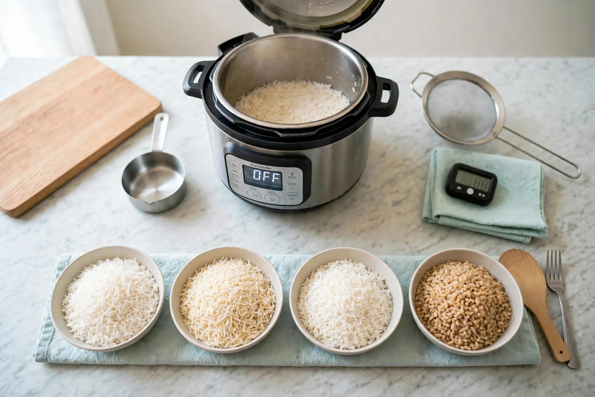 Four finished rice bowls in a row with open Instant Pot and paddle