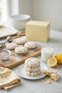 Stack of soft lemon crinkle cookies coated in cracked powdered sugar on a white plate