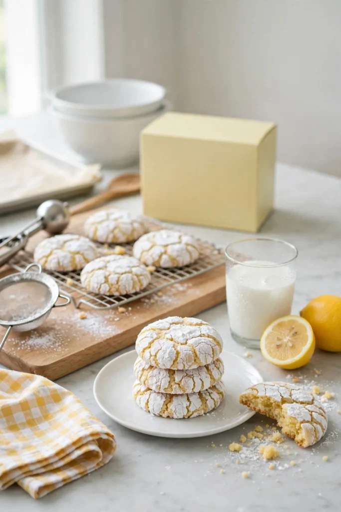 Stack of soft lemon crinkle cookies coated in cracked powdered sugar on a white plate