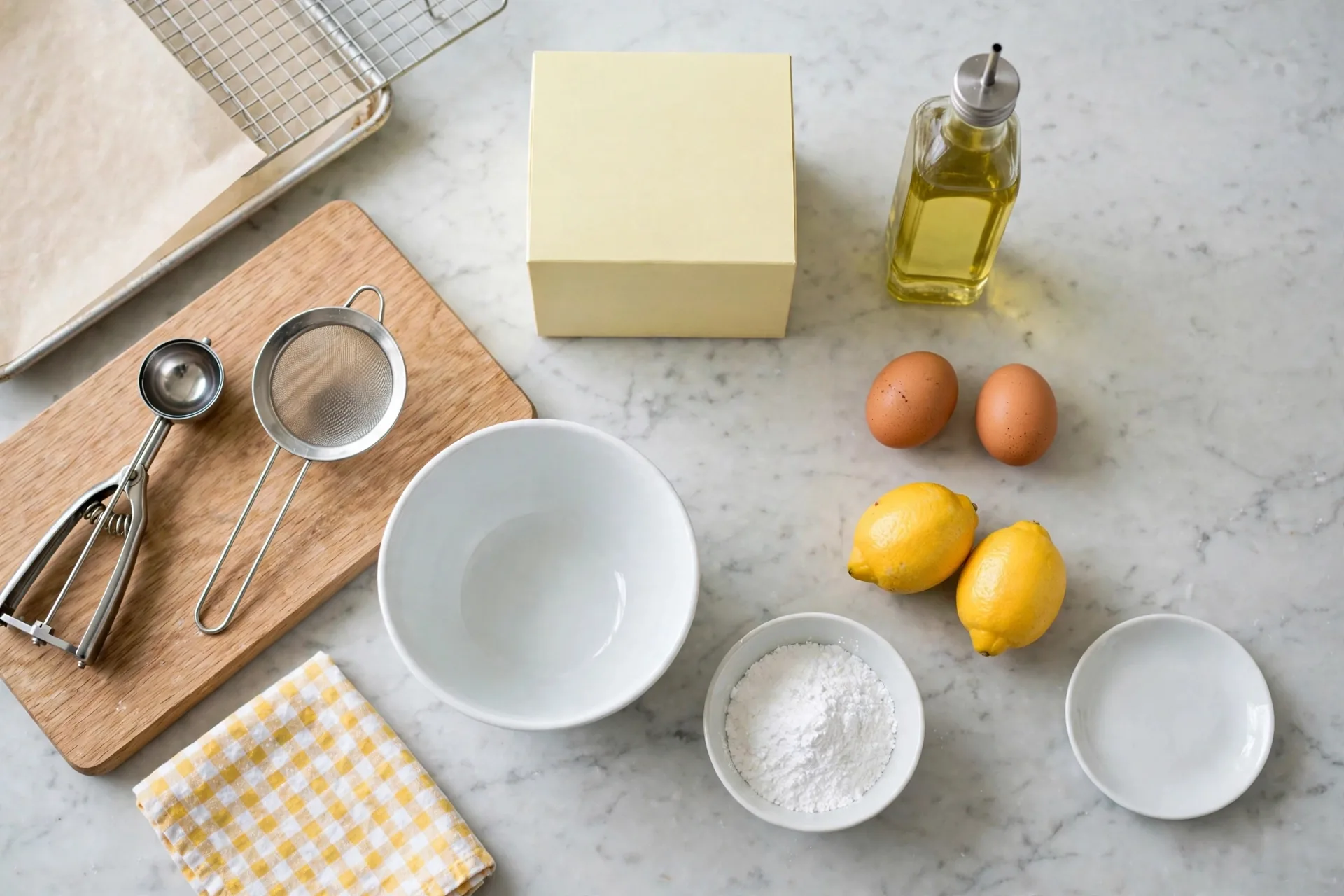 Lemon cake mix, oil, eggs, lemons and powdered sugar laid out