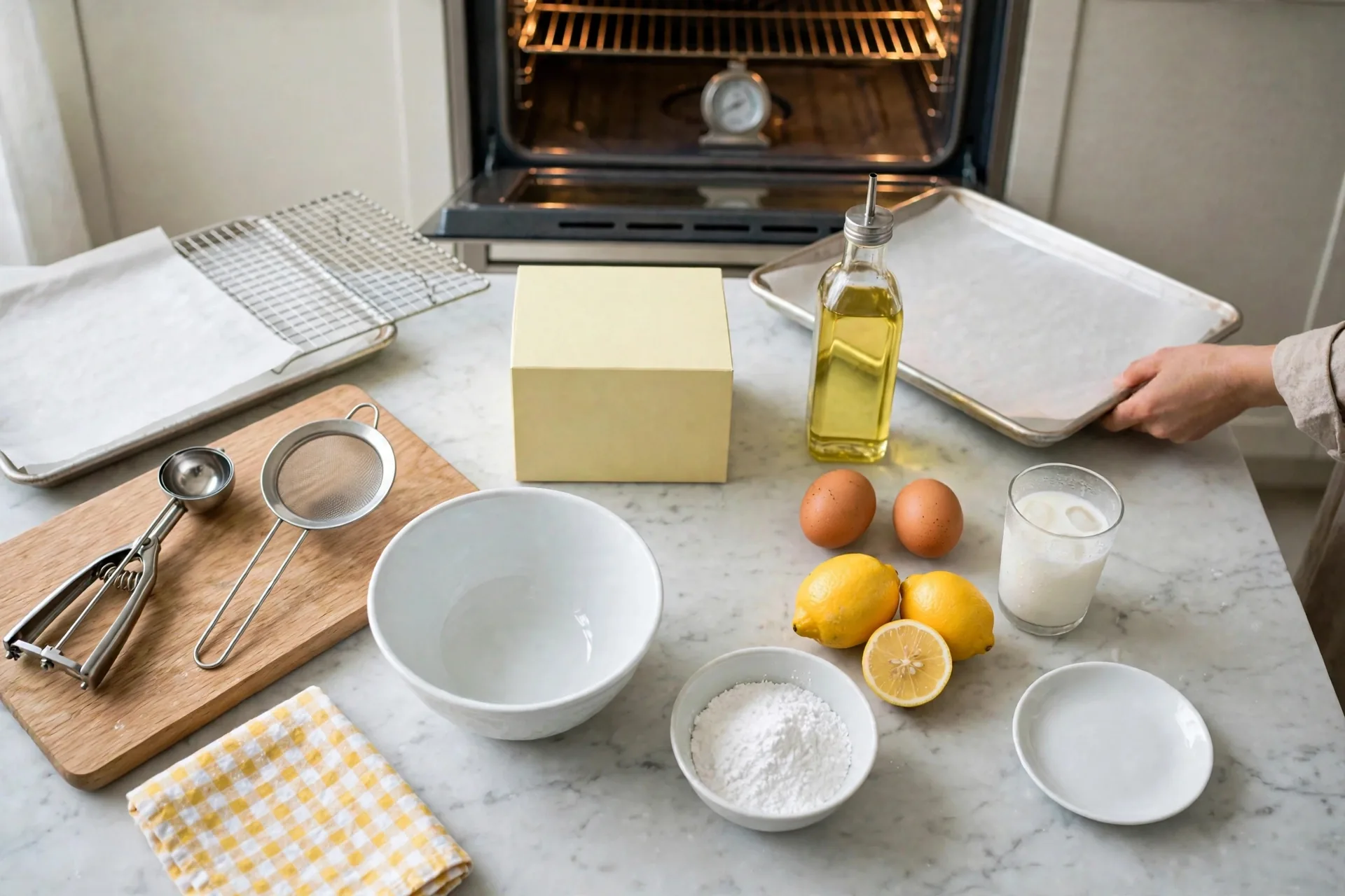 Oven preheating with parchment-lined baking sheets ready