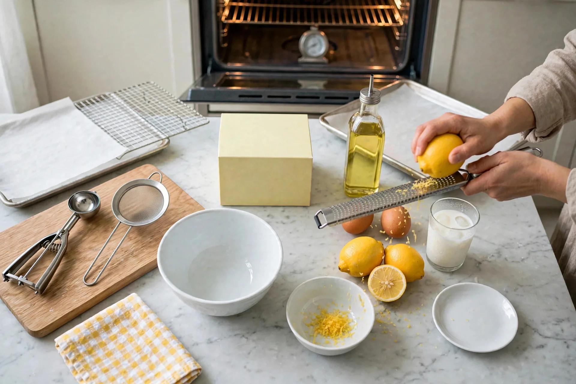 Hand zesting a lemon over a small bowl
