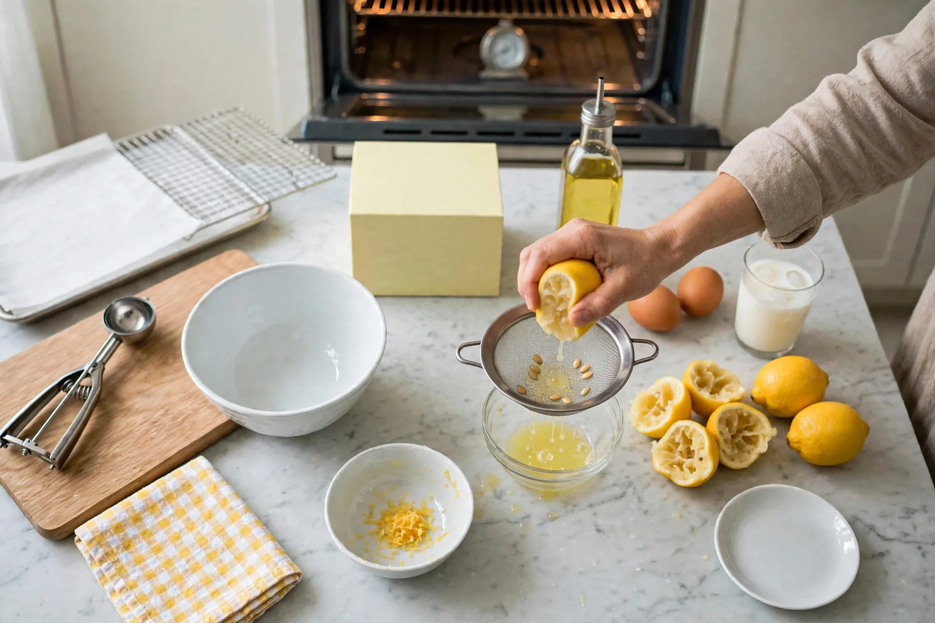Lemon juice being squeezed through a sieve into a glass bowl