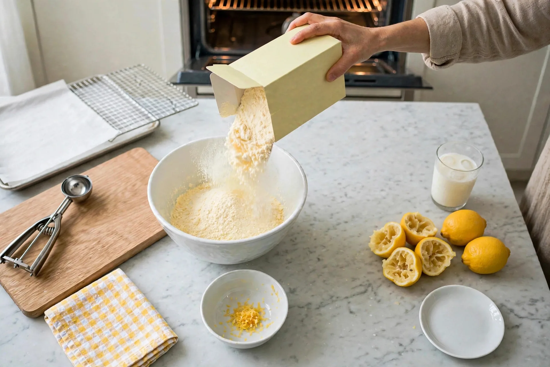 Dry lemon cake mix powder poured into a mixing bowl