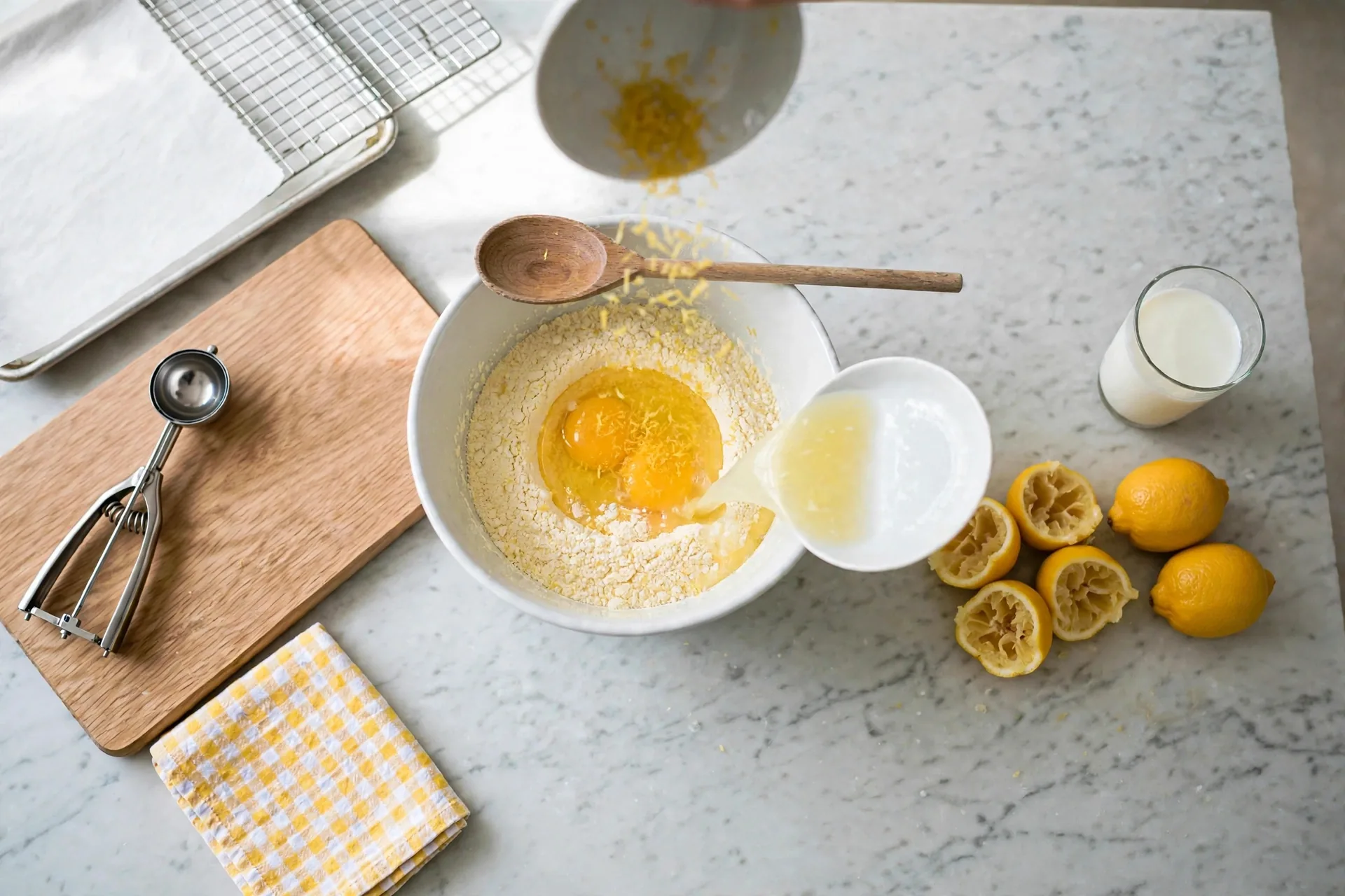 Lemon zest and juice added to the cake mix, still unmixed