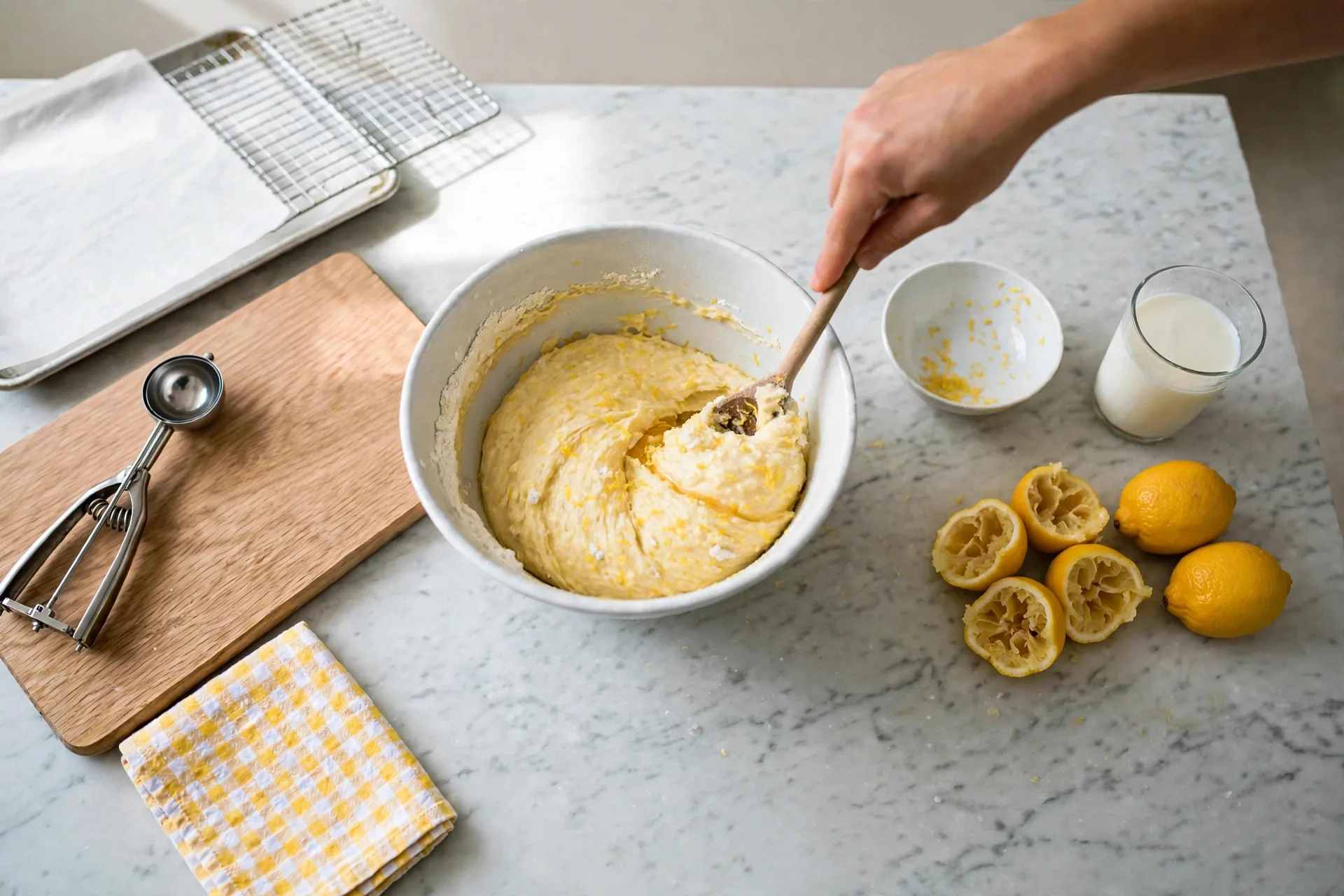 Thick pale-yellow dough with zest flecks stirred in a bowl