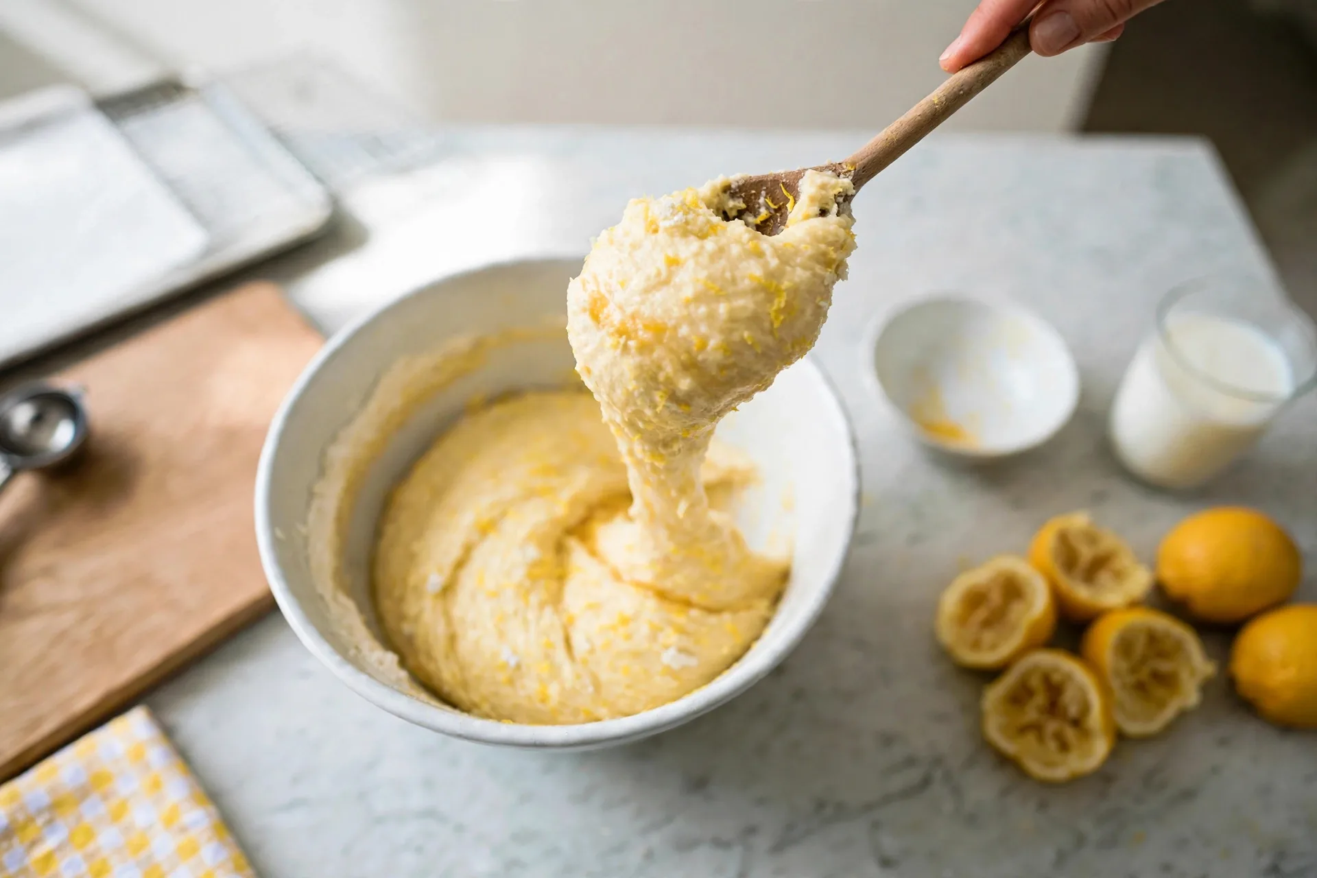 Spoon lifted with thick sticky pale-yellow dough and a stretchy peak