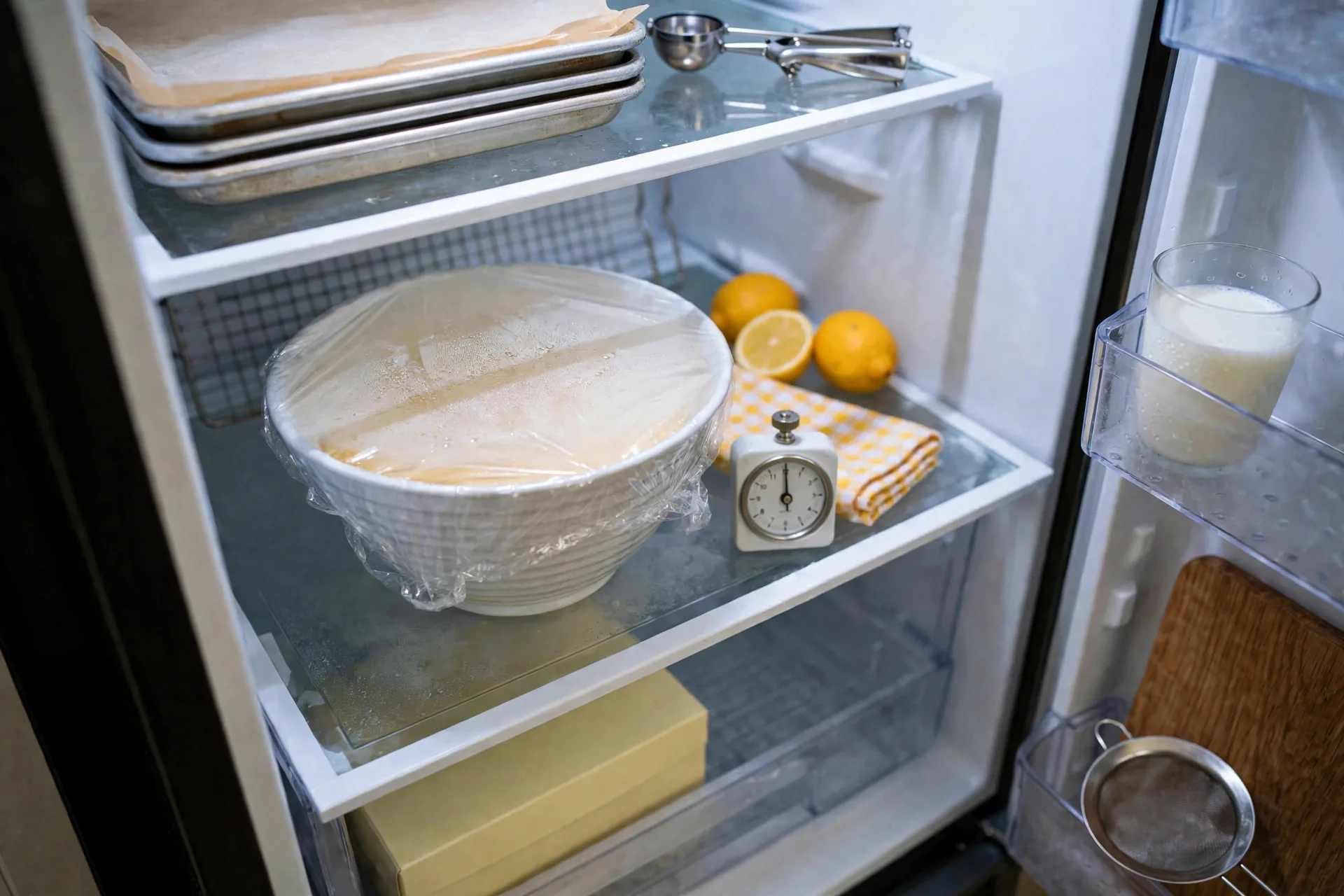 Bowl of dough covered with plastic wrap on a fridge shelf