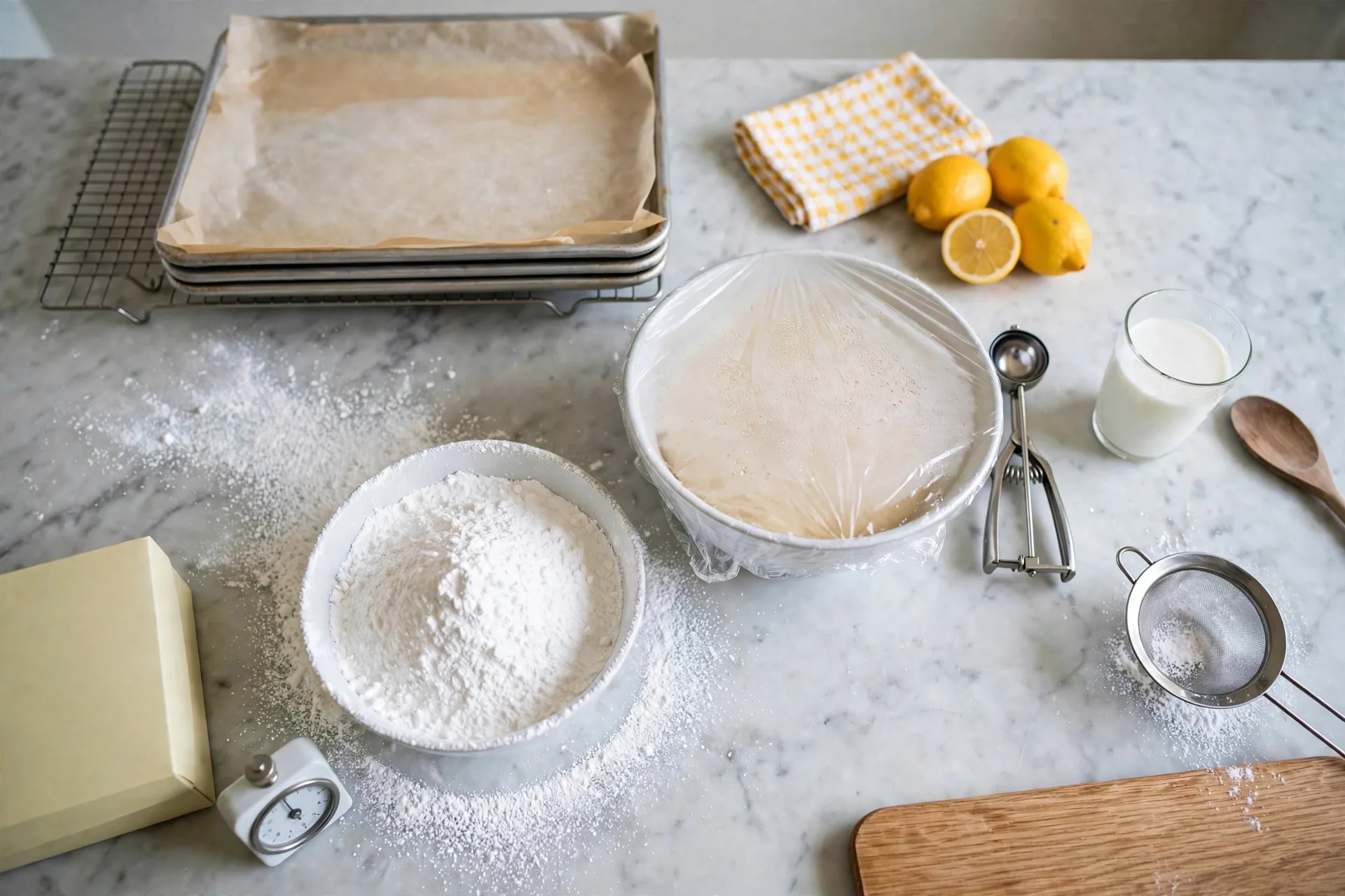 Shallow bowl filled with powdered sugar beside chilled dough