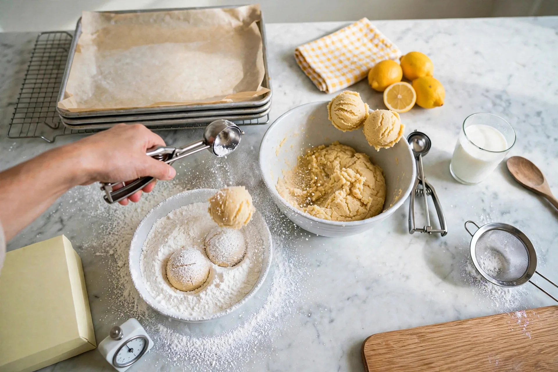 Dough scoop dropping into powdered sugar with a small puff