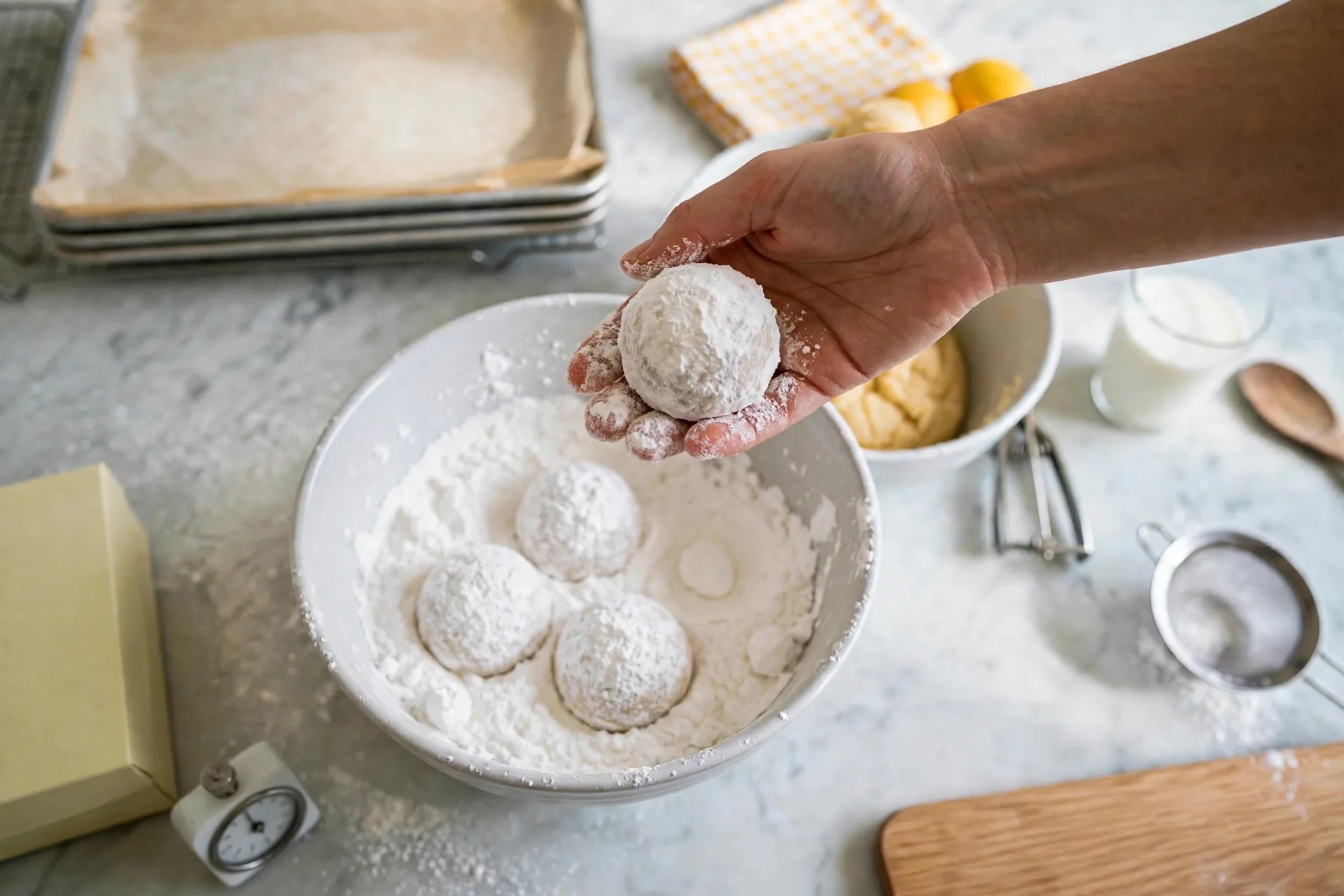 Hand rolling a dough ball in powdered sugar until fully white