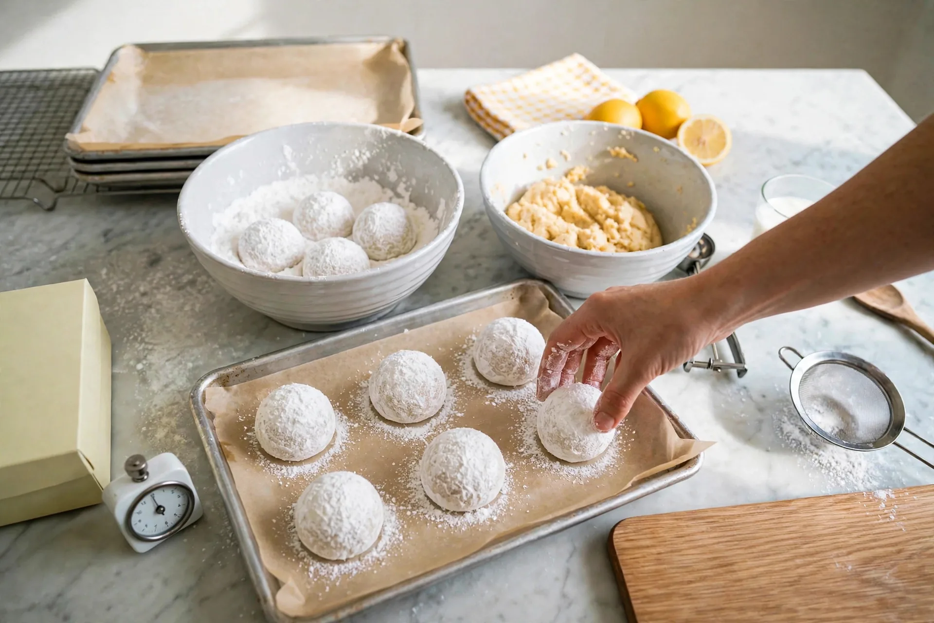 White sugar-coated dough balls spaced on a parchment-lined sheet