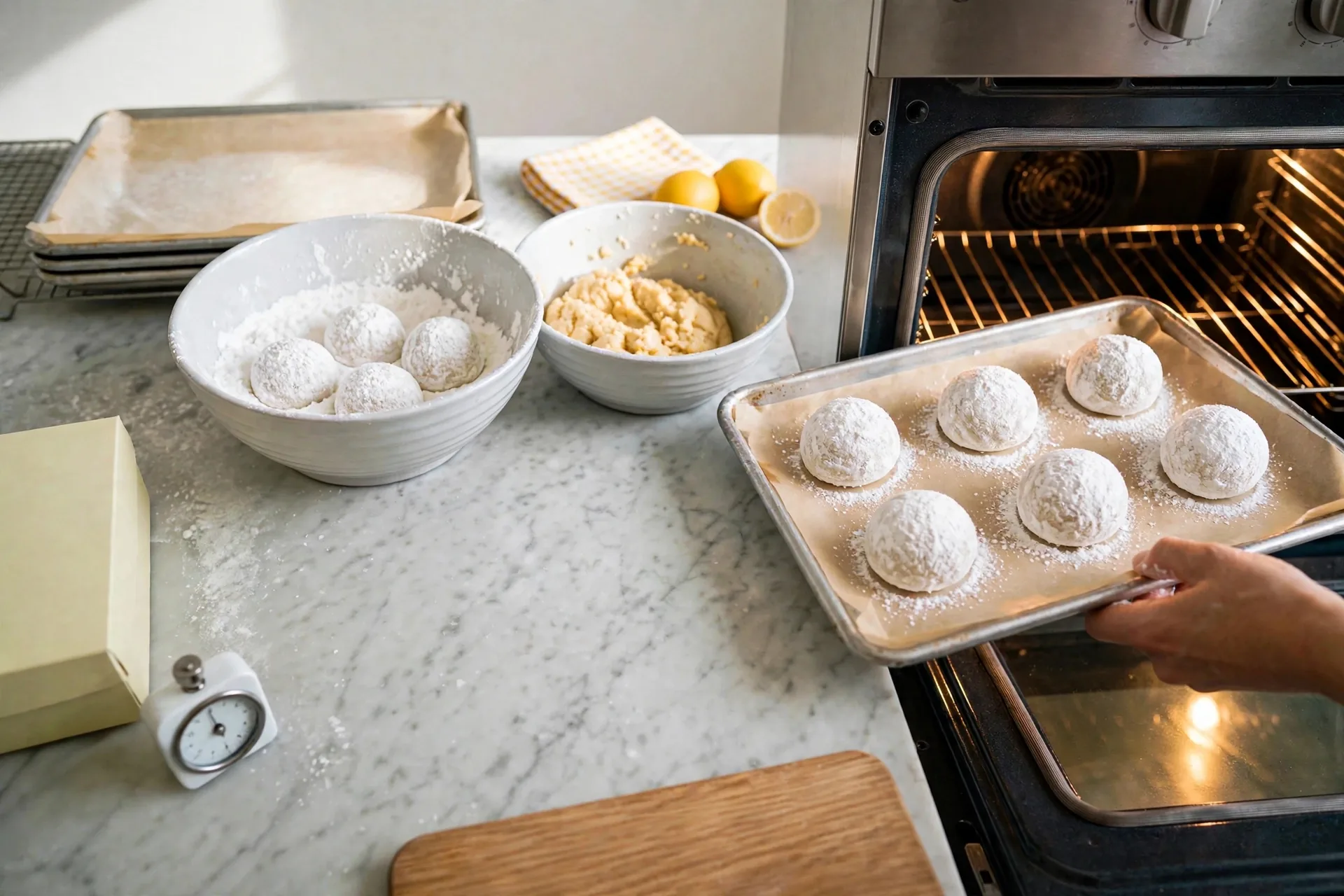 Tray of white dough balls slid into the preheated oven