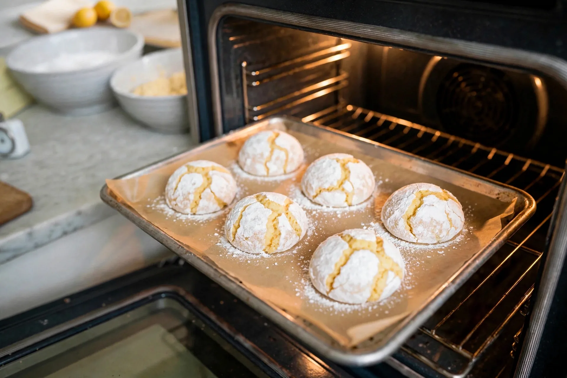 Cookies mid-bake in the oven, puffed and cracking over golden-yellow