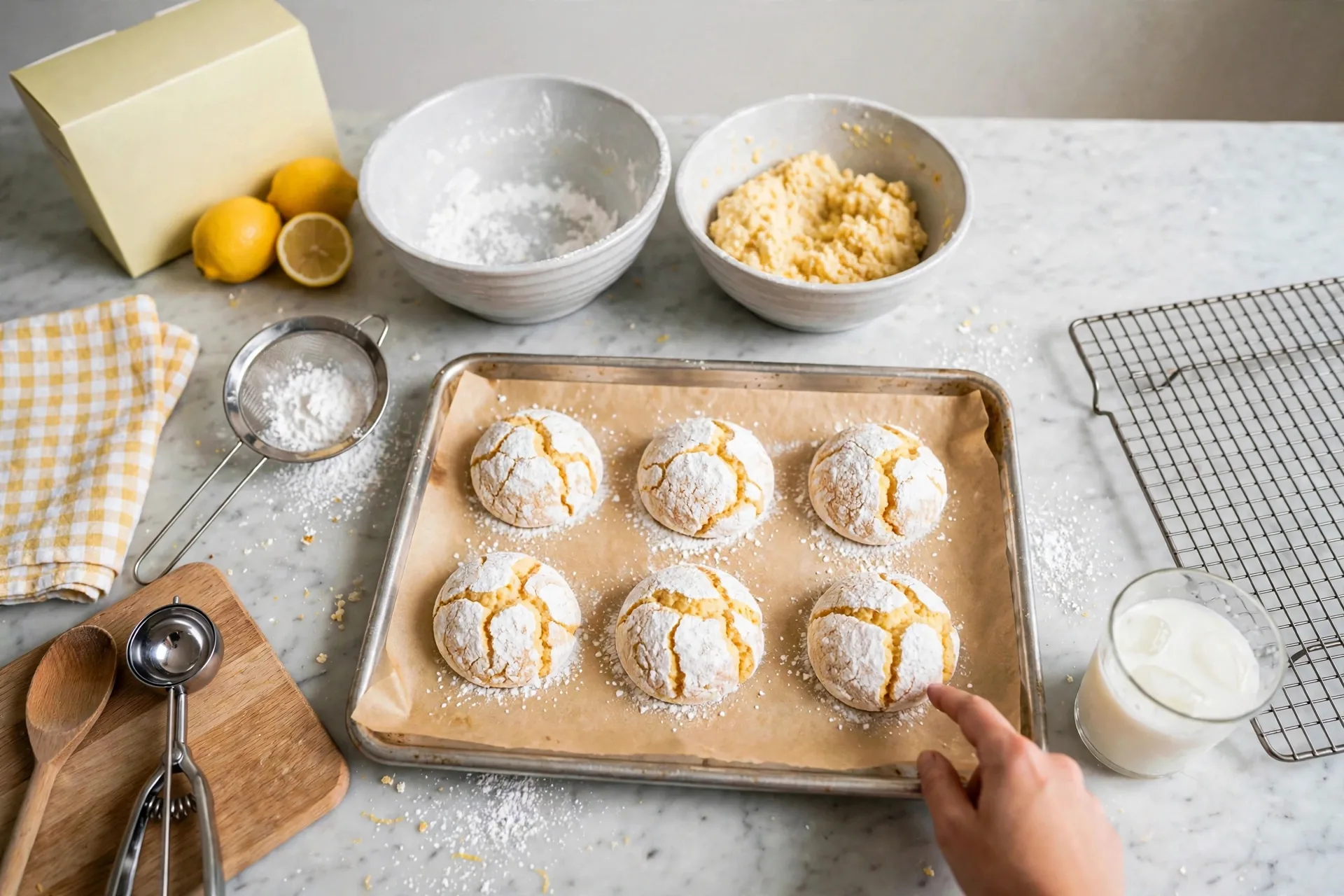 Tray out of the oven, cookies puffed and crackled, edges just set