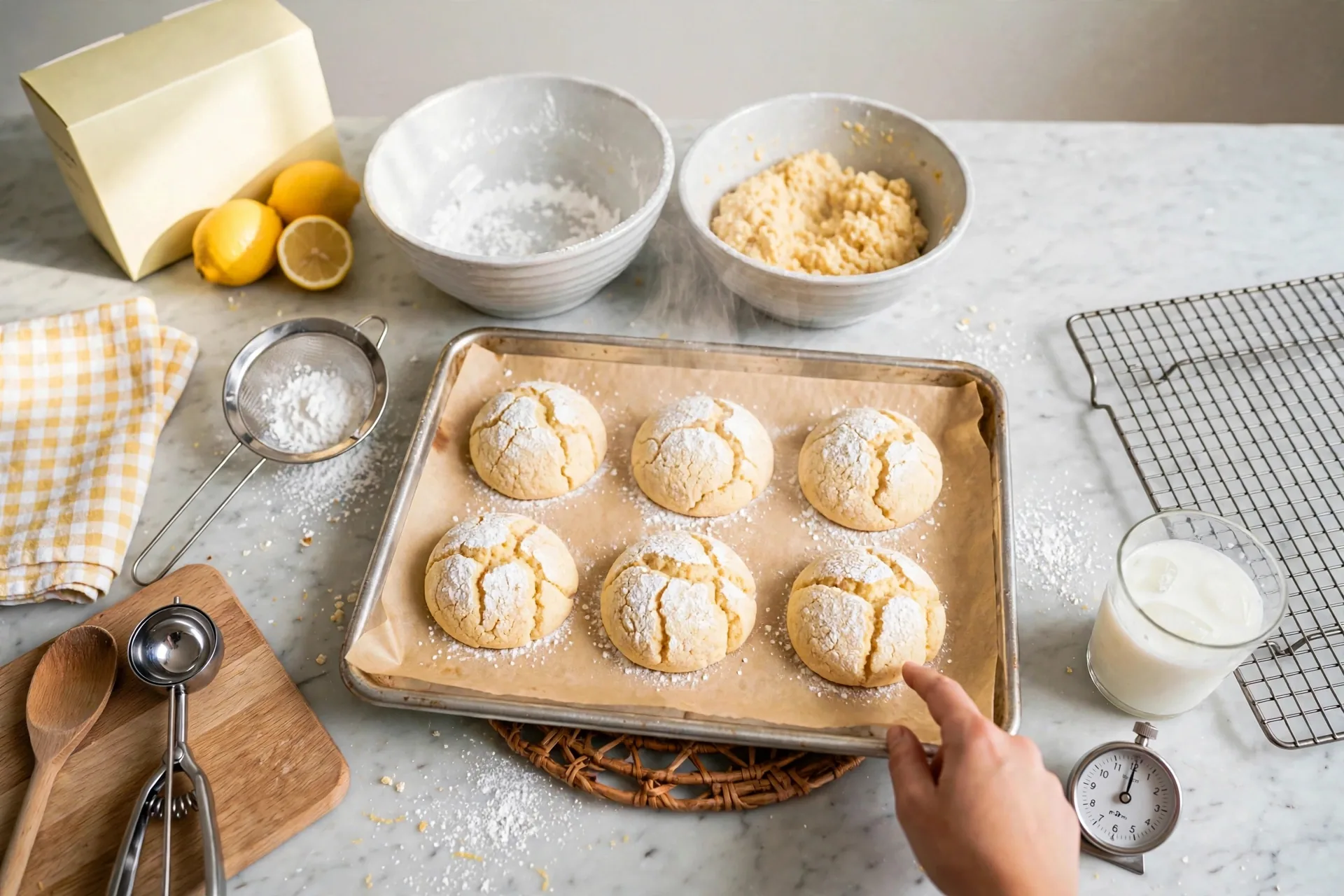 Hot tray of cookies resting on a trivet with a timer beside it