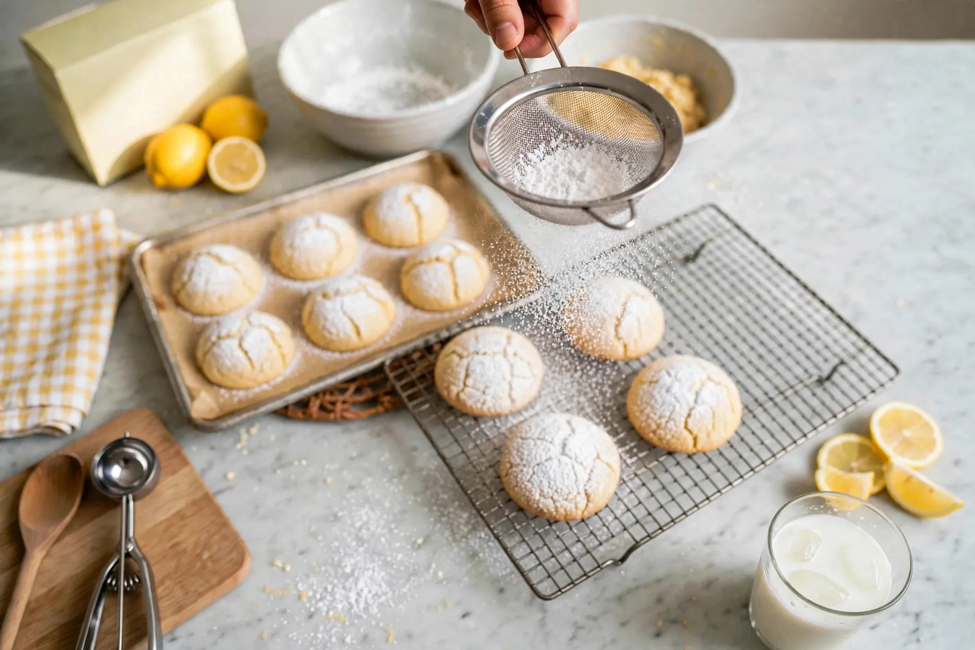 Sieve dusting powdered sugar over cooled cookies on a rack