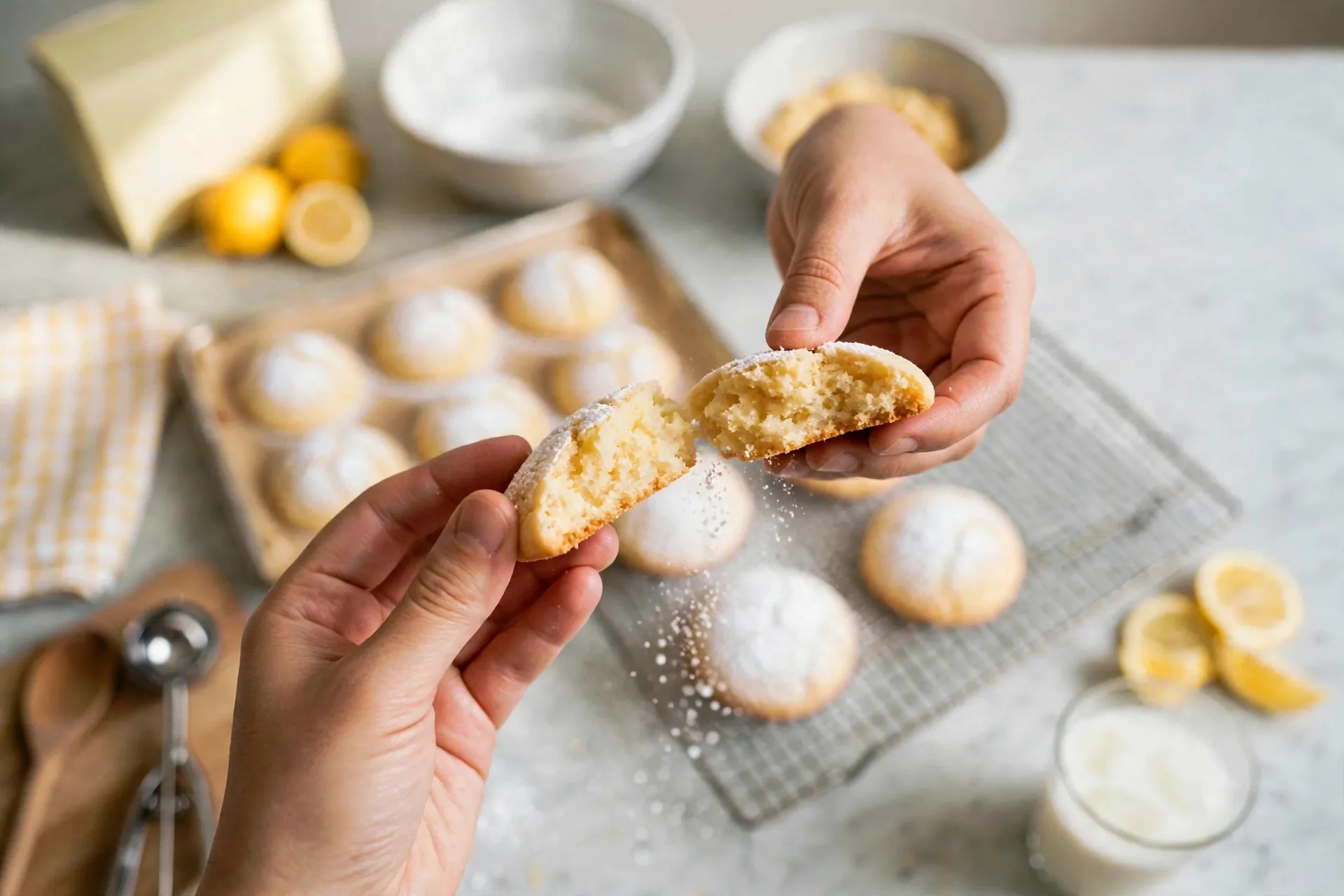 Hands pulling a lemon cookie apart showing a soft pale-yellow interior