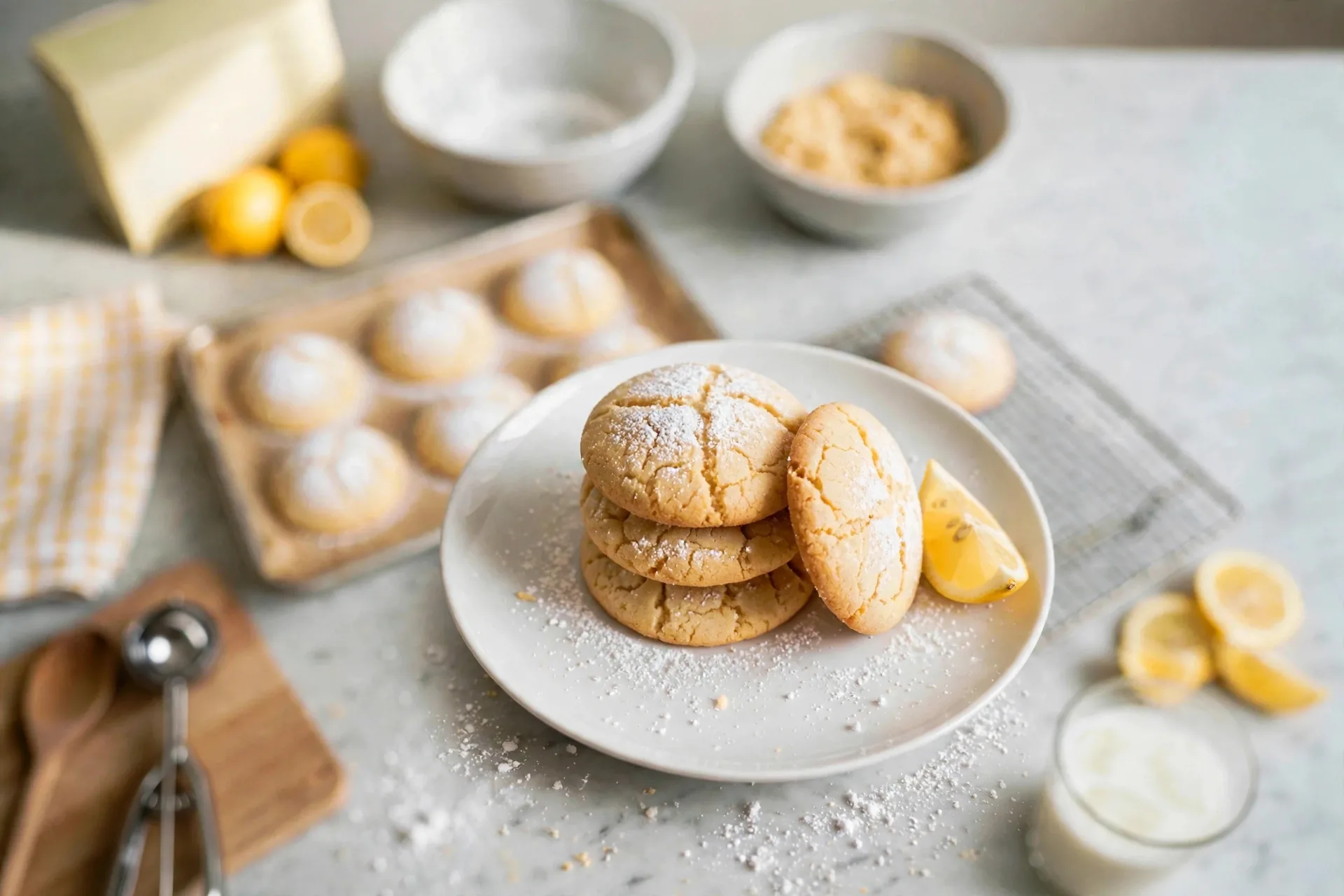 Stack of lemon cookies on a plate with a lemon wedge