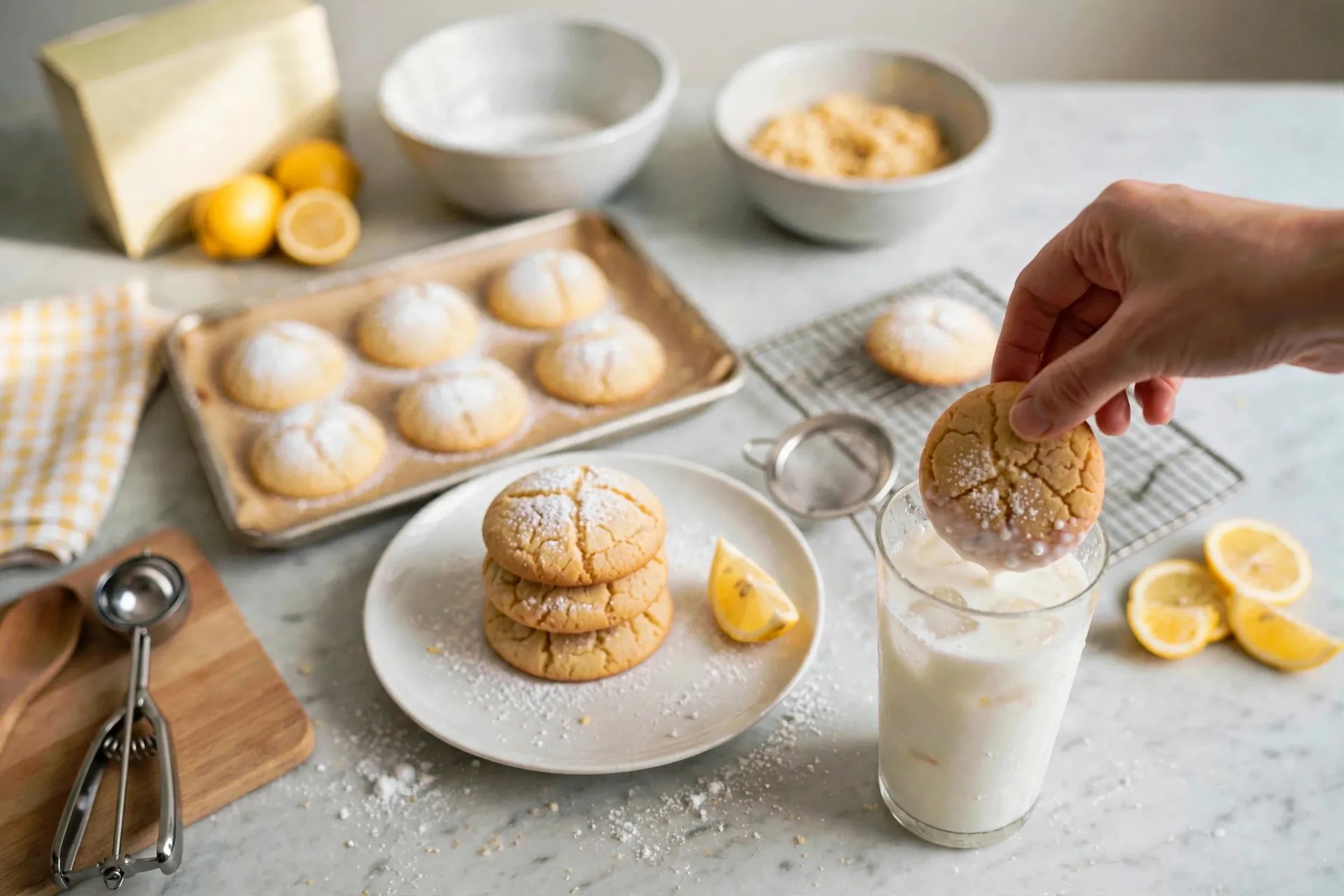 Cookie dipped halfway into a tall glass of cold milk