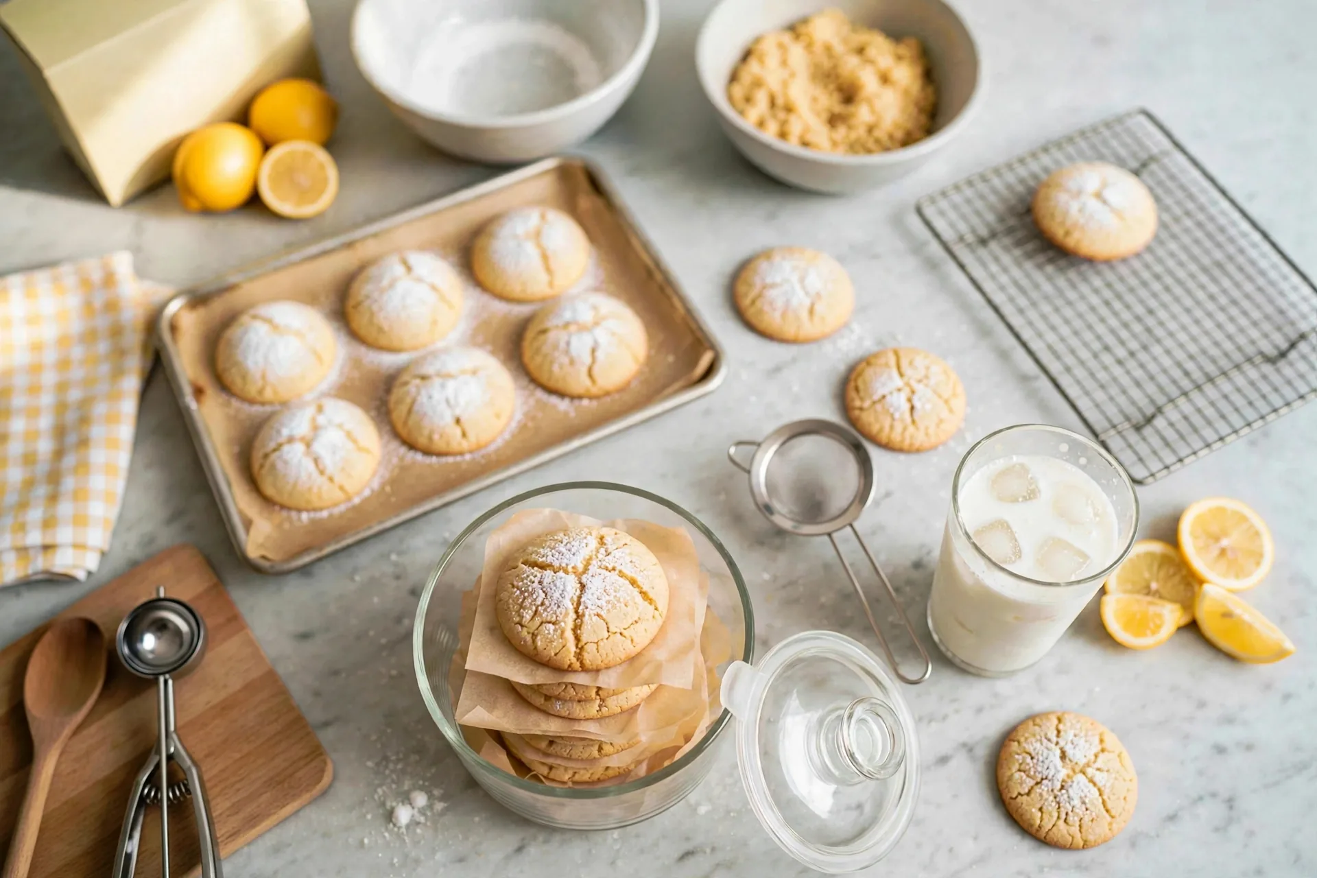 Cookies layered in an airtight glass container with parchment between layers