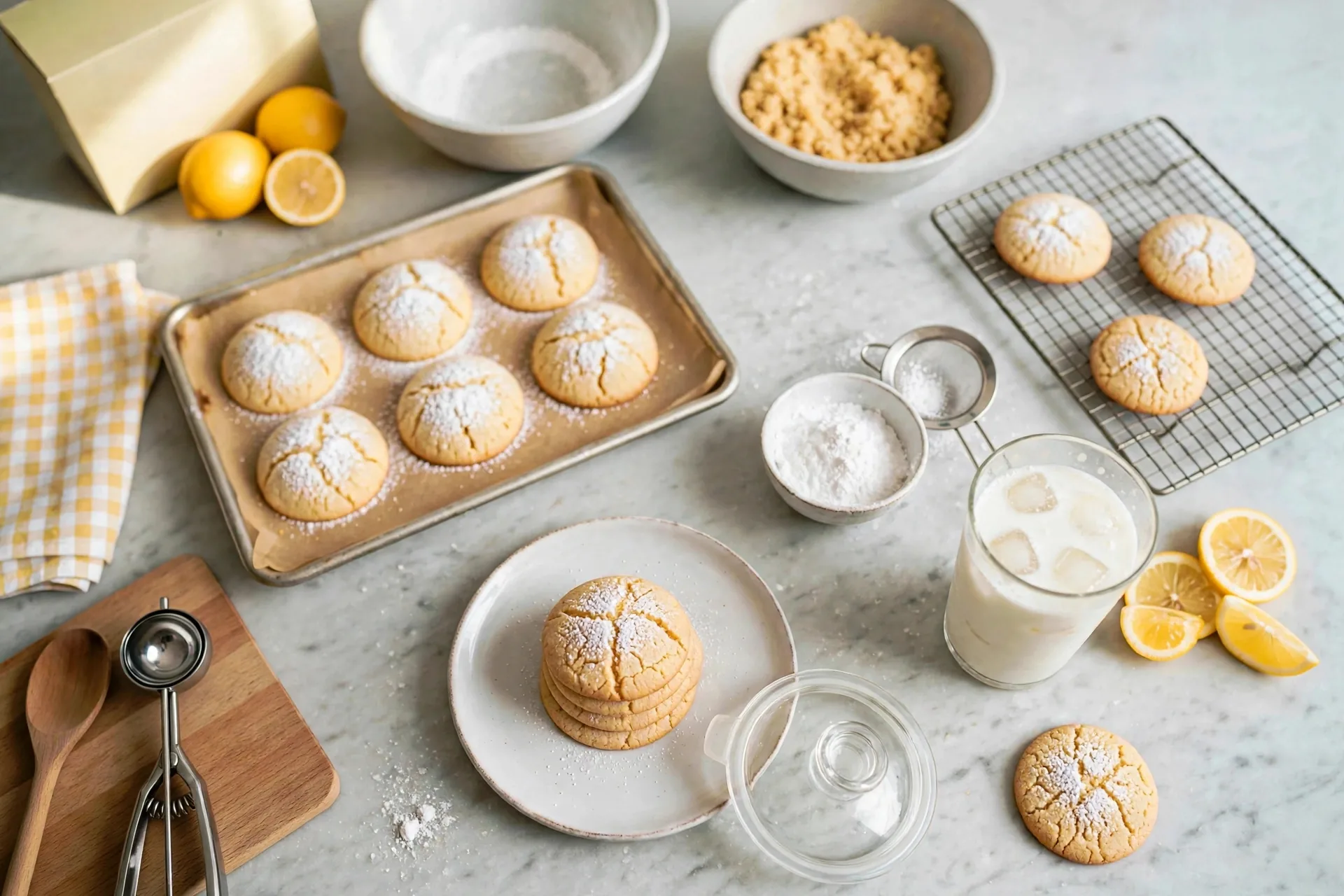 Plate of cookies, milk, lemons and rack arranged on the counter