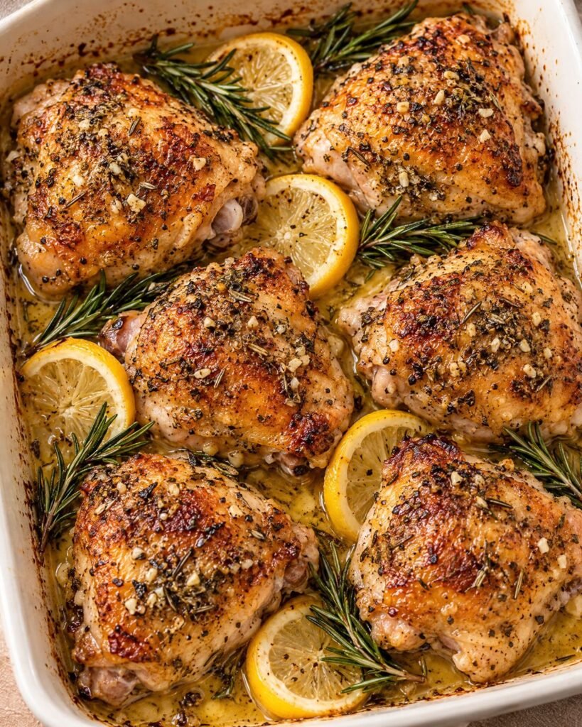 Lemon rosemary chicken thighs with golden skin, lemon slices, rosemary, and buttery pan juices