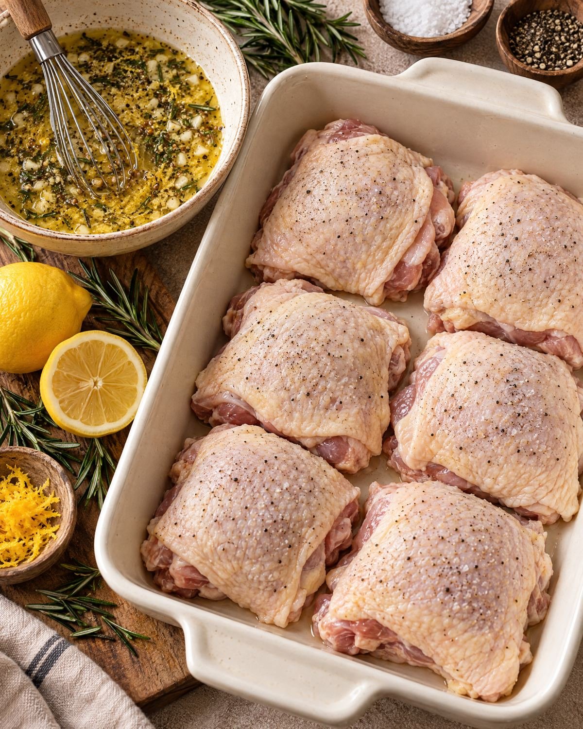 A bowl of lemon, melted butter, rosemary, garlic, mustard, and spices beside raw chicken thighs