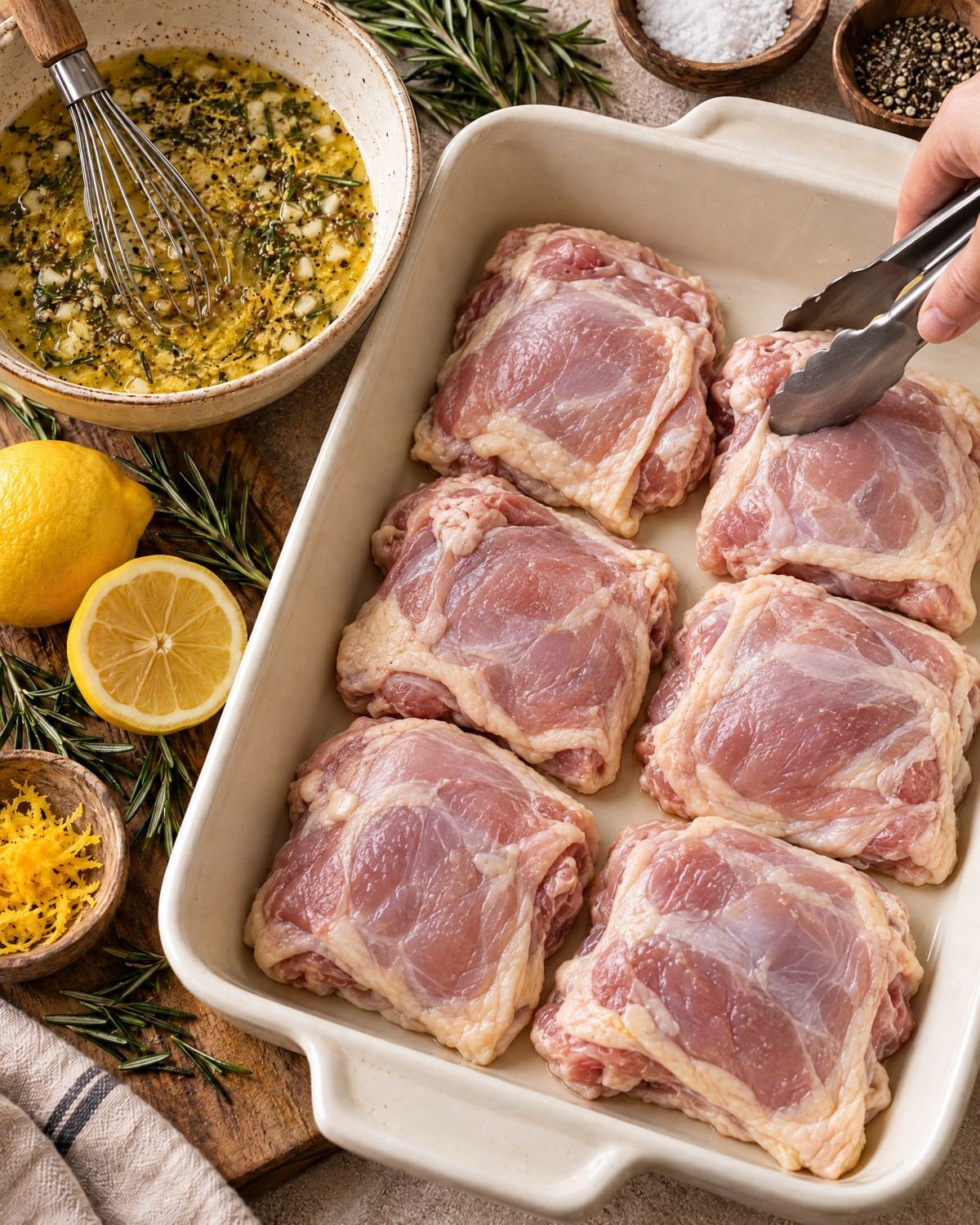 Raw chicken thighs arranged skin-side down in a baking dish before coating