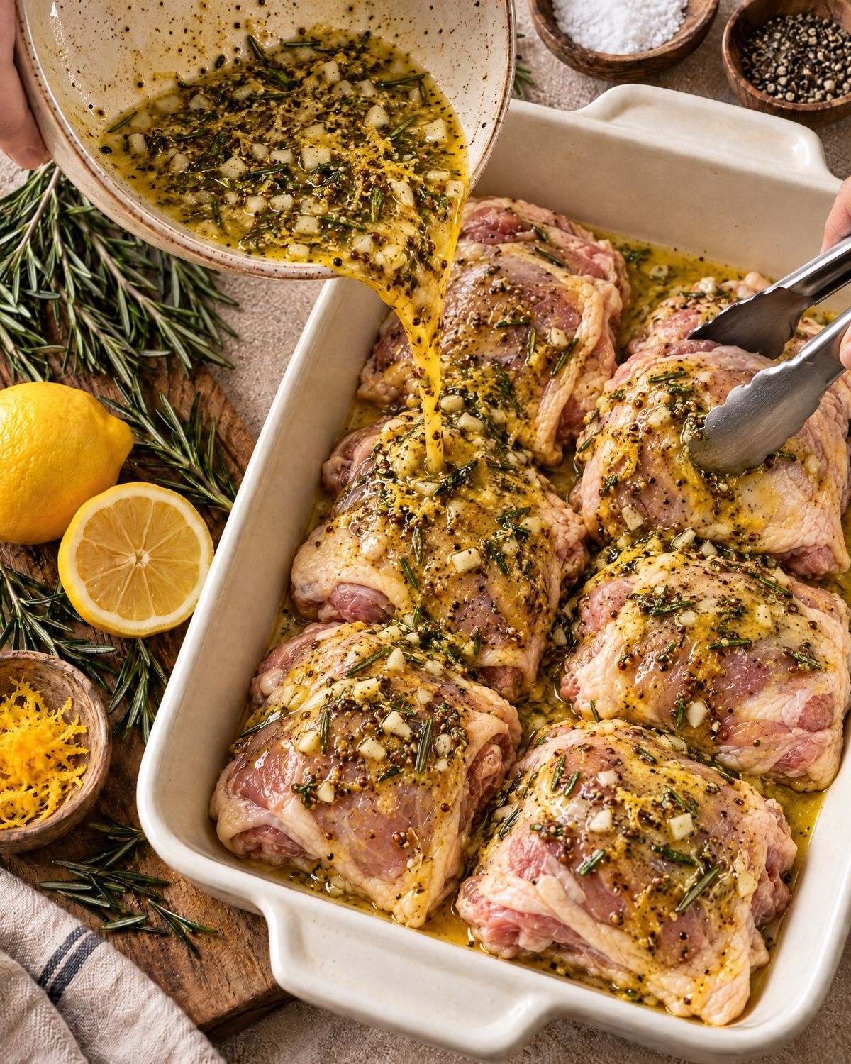 Lemon rosemary butter mixture poured over raw chicken thighs in a baking dish
