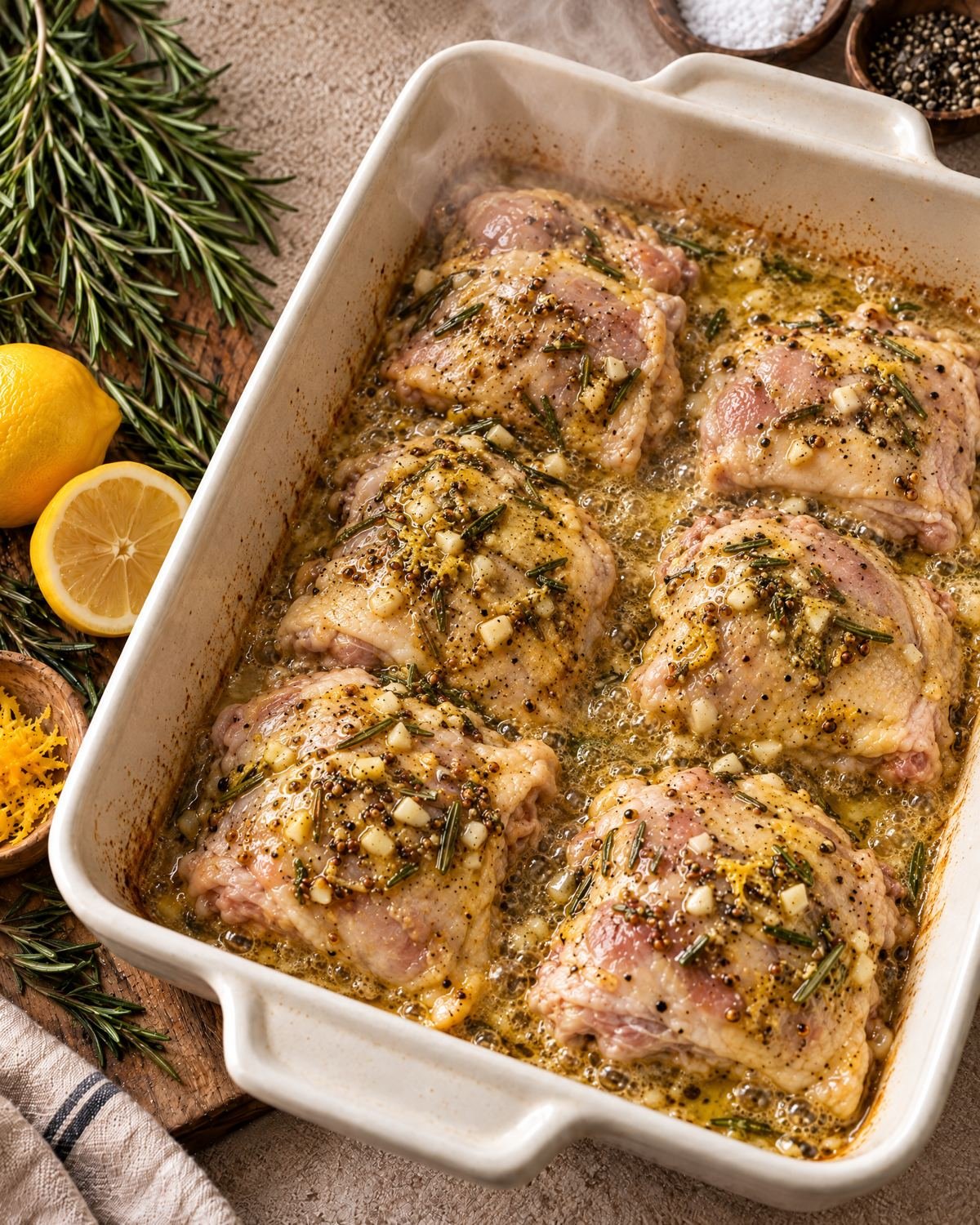 Chicken thighs baking skin-side down with bubbling lemon-garlic juices before turning