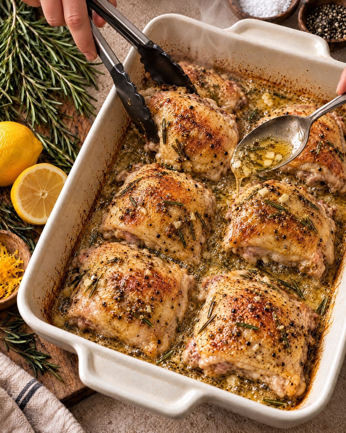 Chicken thighs turned skin-side up and basted with lemon-garlic pan juices