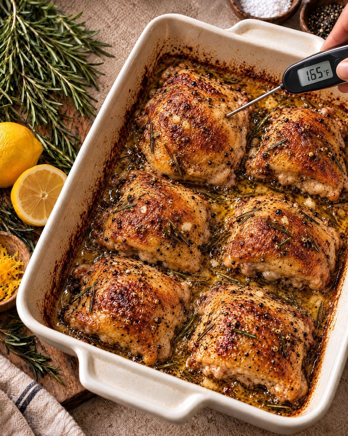 Fully baked lemon rosemary chicken thighs with golden skin and a thermometer showing 165 degrees Fahrenheit