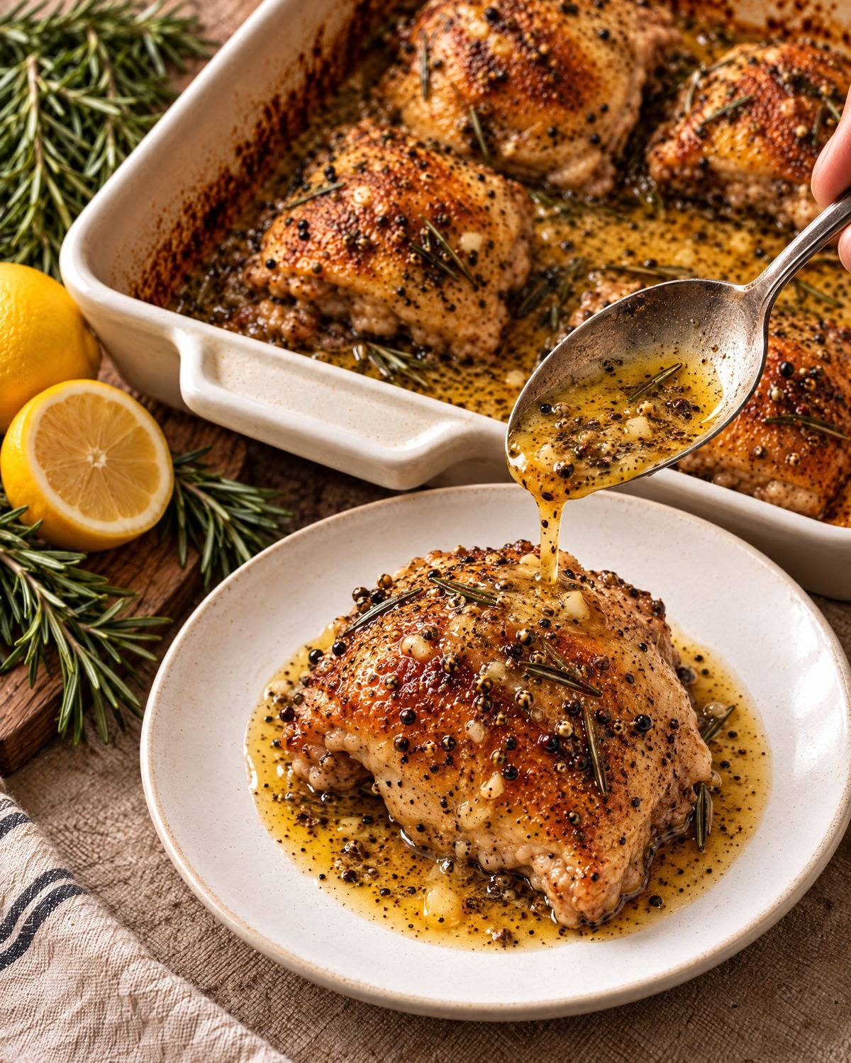Cooked lemon rosemary chicken thigh lifted from the baking dish and spooned with pan juices