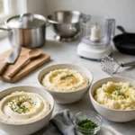 Three mashed cauliflower bowls: creamy, garlic Parmesan and cauliflower mashed potatoes