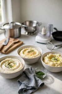 Three mashed cauliflower bowls: creamy, garlic Parmesan and cauliflower mashed potatoes