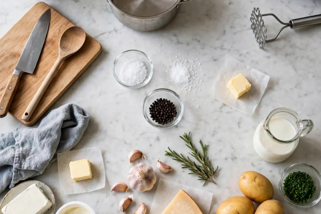 All ingredients for three mashed cauliflower recipes on a marble counter
