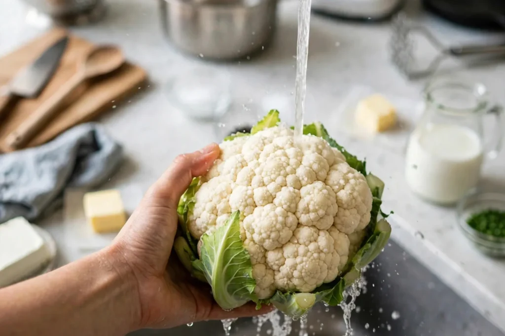 Rinsing a cauliflower head under running water