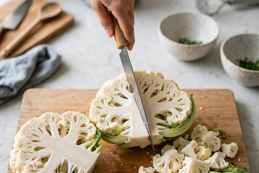 Removing leaves and core from cauliflower on a board