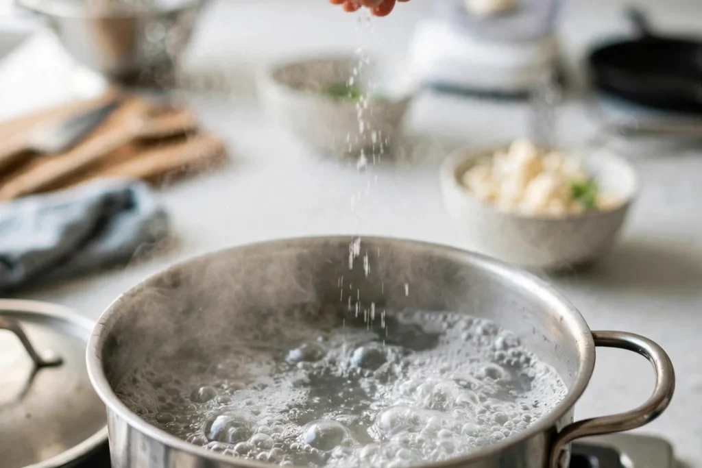 Hand adding salt to a pot of boiling water