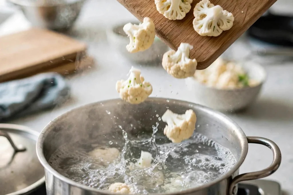 Sliding cauliflower florets into boiling water