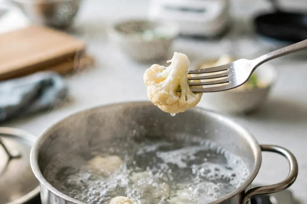Fork piercing a tender cauliflower floret