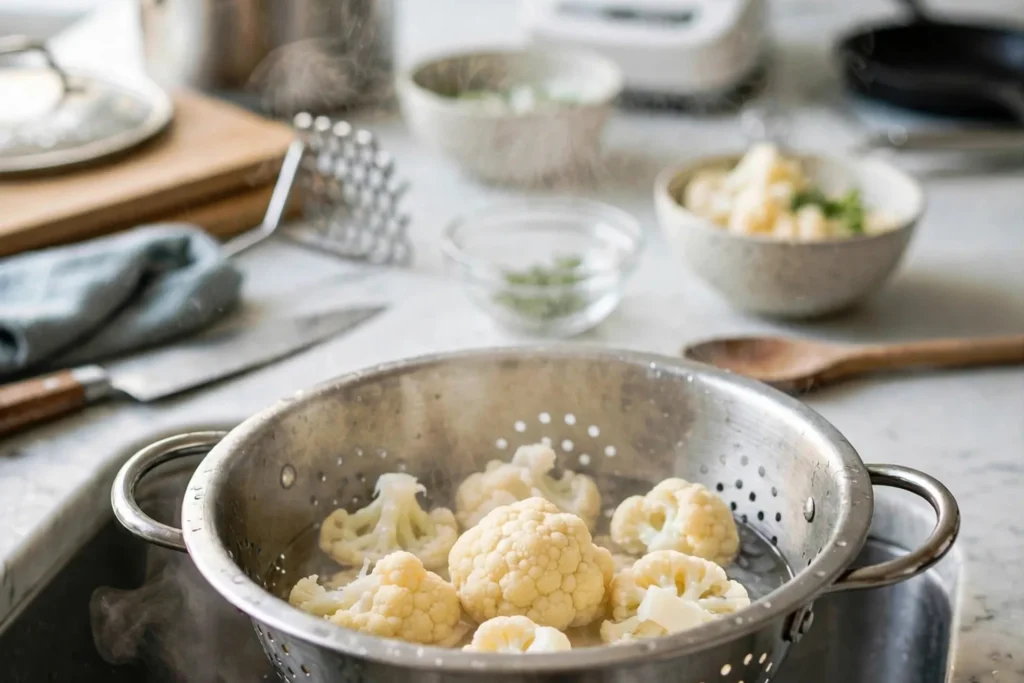 Draining cooked cauliflower in a colander