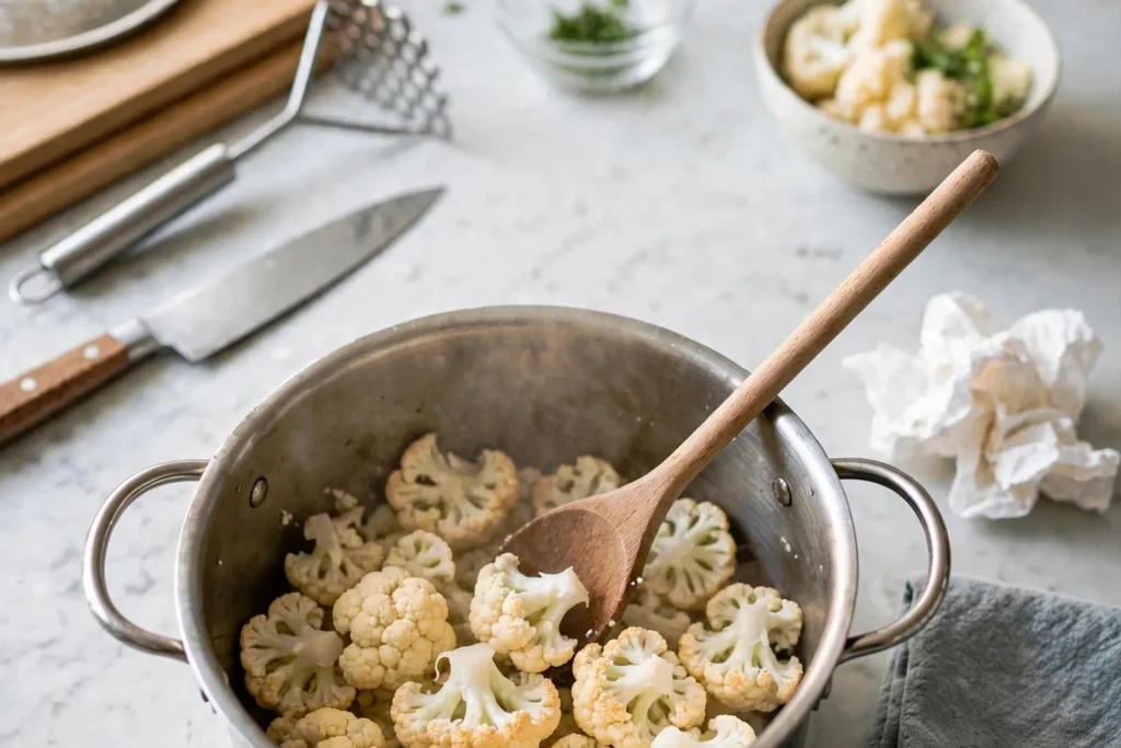 Drying cauliflower florets in a warm pot