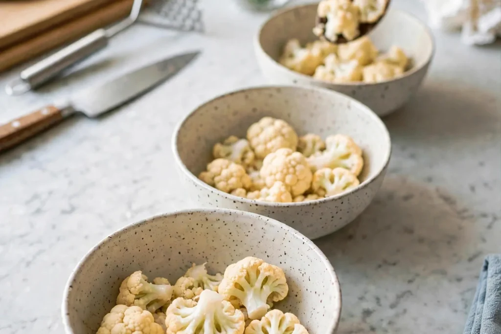 Cooked cauliflower divided into three bowls