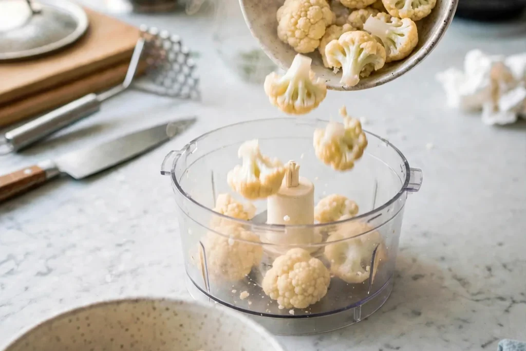 Tipping cooked cauliflower into a food processor