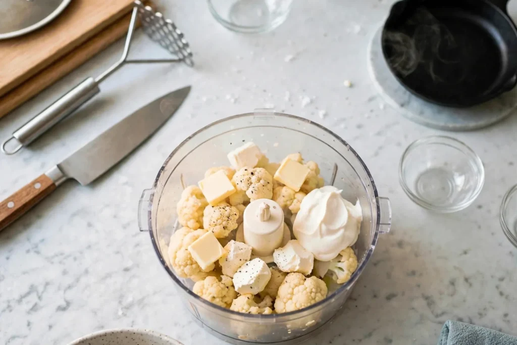 Adding cream cheese, sour cream and butter to cauliflower