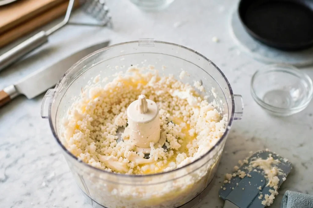 Coarsely pulsed cauliflower mixture in a food processor
